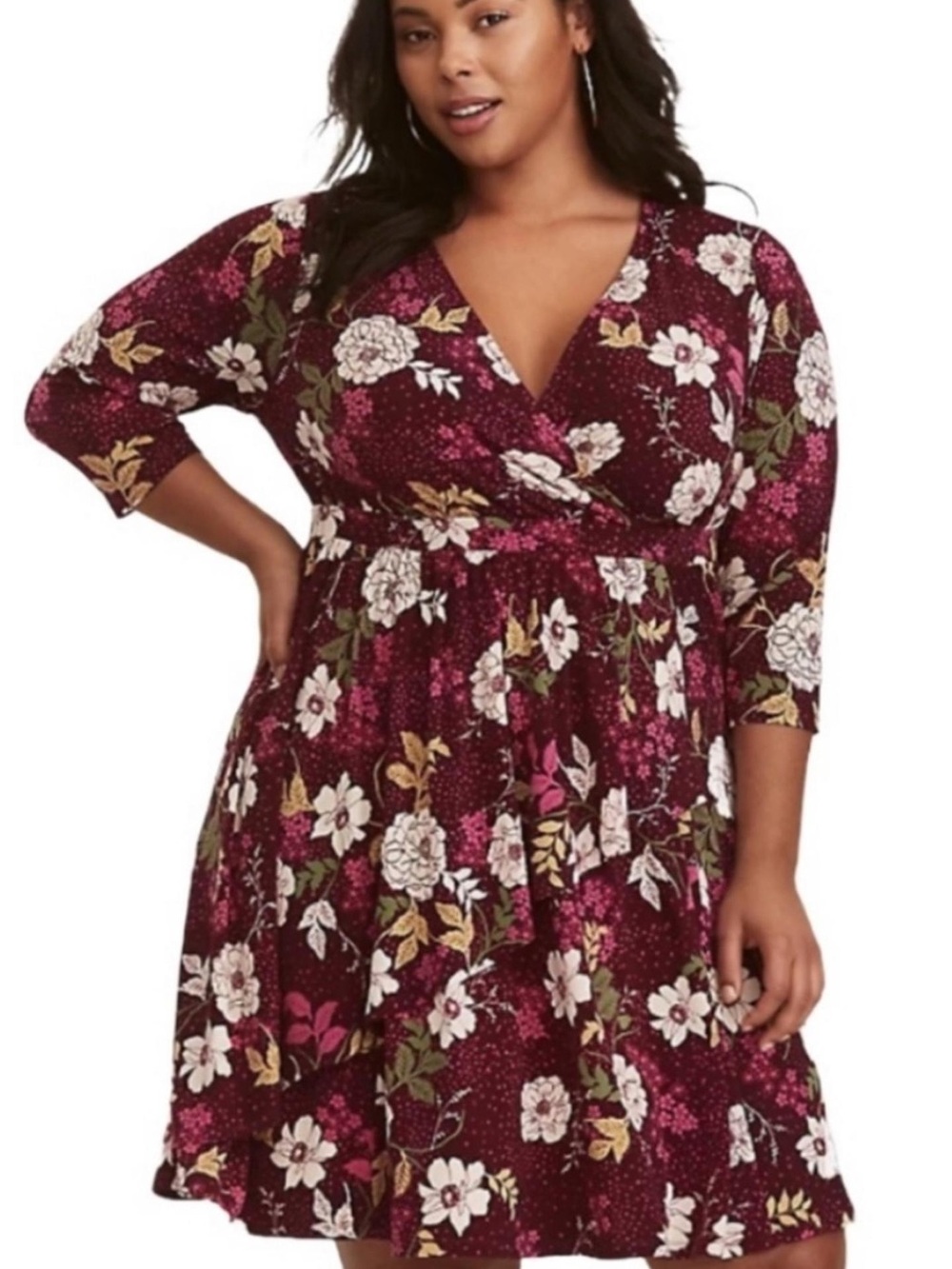 Torrid Chic Burgundy Purple Floral Print Surplice Faux Wrap Dress Plus Size 3X